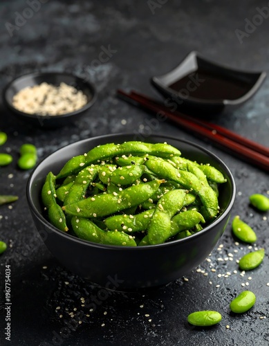 Delicious edamame with sesame seeds.