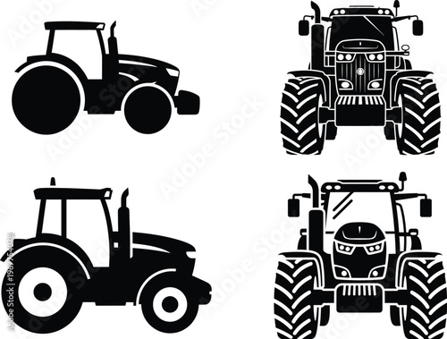 Powerful farm tractor silhouettes from multiple angles icons set with farm vehicle with heavy machinery