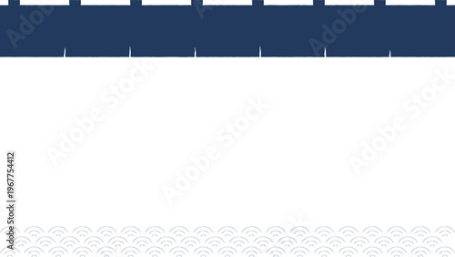 和風背景素材 青海波文様とネイビーバンドのシンプルな和柄デザイン。 余白ありバナー背景。日本の伝統的な暖簾と波模様の背景。お品書きやバナー、新年の挨拶に最適なデザイン。