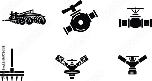 Agricultural and gardening tools icons set with farm machine with water valve with gardening tool