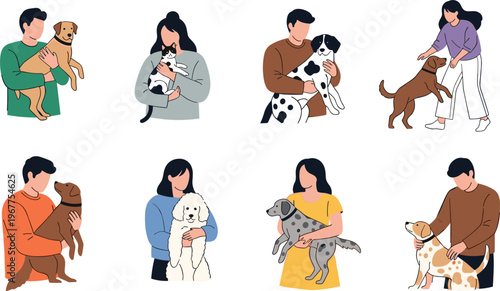 People with dogs collection flat vector illustration set of pet owners hugging and playing with different breeds isolated on white background