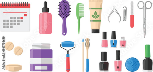 Personal Care and Beauty Tools Collection with Nail Polish Comb Brush Skincare and Grooming Accessories Set Isolated on White Background