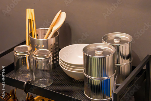 Tray with food delivery tools containers inside room interior