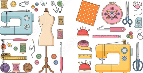 Sewing and tailoring tools collection vector illustration set with sewing machine mannequin threads needles and accessories isolated on white background for craft design