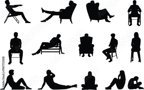 Silhouetted people in diverse seated and reclining postures vector illustration showcasing human activity, relaxation, body language, gesture recognition, and lifestyle design