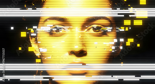 A distorted digital portrait of a woman with a glitchy effect