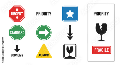Shipping Labels: Urgent, Standard, Economy, Priority, Fragile Icons