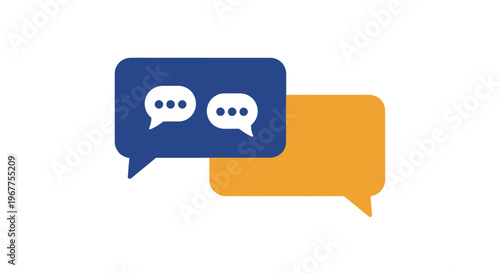 Communication and dialogue icons, two speech bubbles, blue and orange, isolated on white.