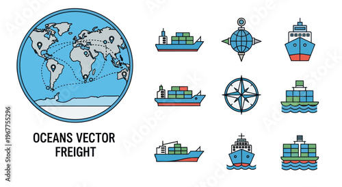 Global Ocean Freight Shipping Icons: World Map, Cargo Ships, Compass