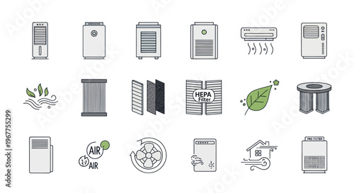 Air Purifier Icons Set: Clean Air, HEPA Filter, Home Environment Icons