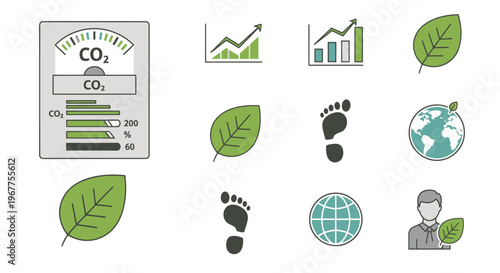Carbon Footprint Icons: CO2 Meter, Green Leaf, Globe, Footprint, Growth Chart