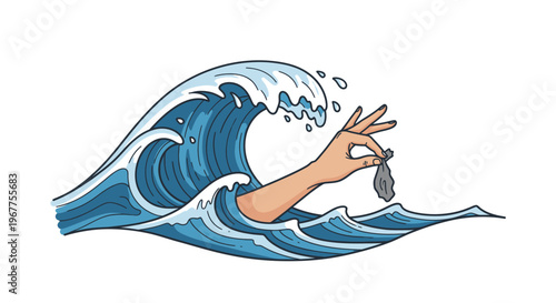 Hand emerging from ocean wave holding plastic trash, environmental pollution concept