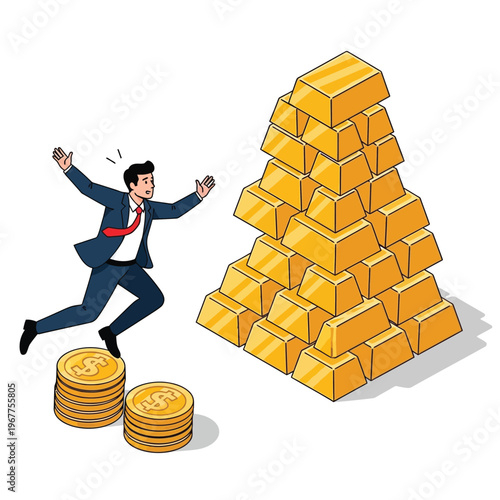 Determined businessman eagerly pursues wealth, stepping on gold coins and striving towards a towering stack of gold bars, representing financial ambition and success