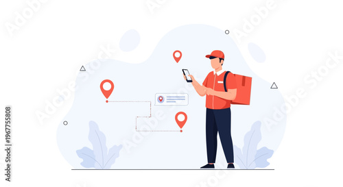 Delivery man using smartphone for navigation with map and location pins