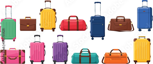 Travel luggage collection vector illustration set with suitcases bags and travel accessories isolated on white background for vacation tourism and journey design