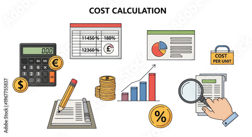 Cost Calculation and Financial Analysis Icons: Calculator, Charts, Coins, Magnifying Glass