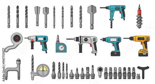 Collection of Power Drills, Drill Bits, and Tools for Construction and DIY