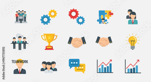 Business Icons Set: Teamwork, Success, Strategy, Growth, Partnership, Ideas
