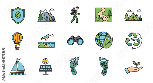 Eco-friendly icons: nature, sustainability, travel, and outdoor adventure