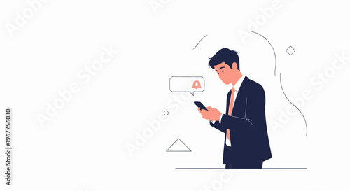 Businessman checking smartphone notification with alert icon in speech bubble