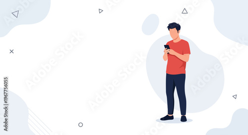 Young Man Using Smartphone, Modern Flat Design, Minimalist Background with Shapes