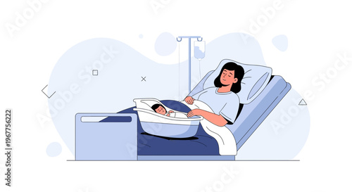Mother and Newborn Baby in Hospital Bed, Postpartum Care, Medical Illustration