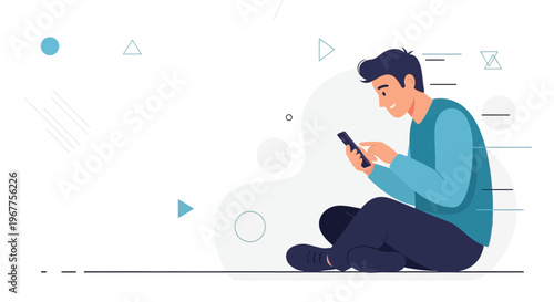 Young Man Sitting Cross-legged Using Smartphone, Modern Flat Design