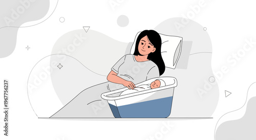 Mother and Newborn Baby in Hospital Bed, Postpartum Care, New Life