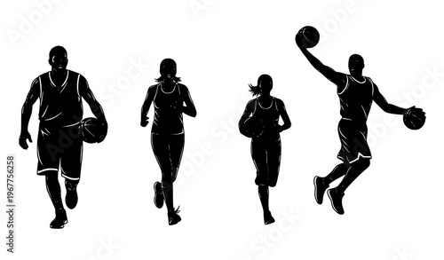 Basketball players and running women silhouettes set with sports action poses vector collection isolated on white