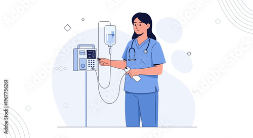 Nurse Adjusting IV Drip Machine, Medical Care, Hospital Equipment, Healthcare Illustration