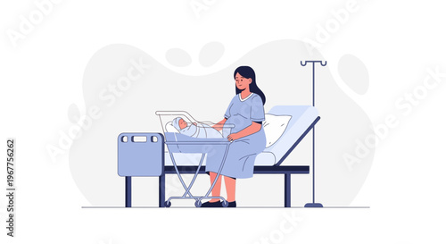 Mother and Newborn Baby in Hospital Room with Medical Equipment