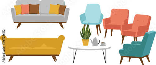 Cartoon modern furniture, stylish sofas, cozy armchairs, coffee table decor, indoor plants, living room design, home interior illustration, decorative clipart, lifestyle art
