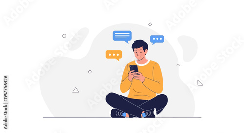 Man texting on smartphone, sitting cross-legged with chat bubbles, flat illustration style