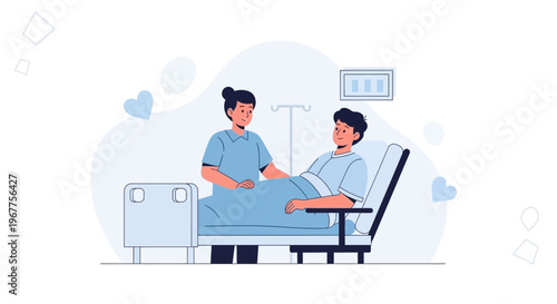 Nurse caring for patient in hospital bed, medical care and support concept