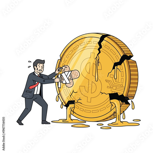 Worried businessman desperately attempts to patch up a crumbling golden dollar coin, symbolizing a severe financial crisis, economic meltdown, and investment failure