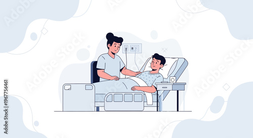 Nurse caring for patient in hospital bed, medical illustration