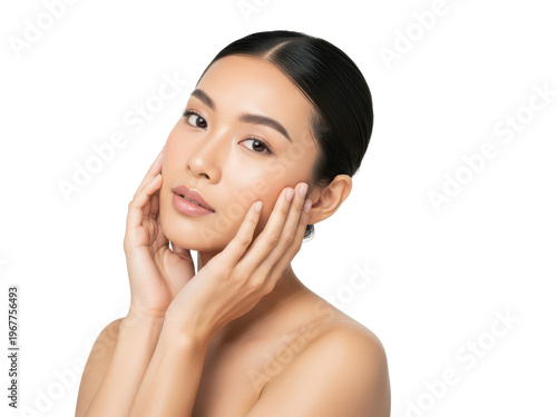 Beautiful young woman gently touching her face with a serene and peaceful expression