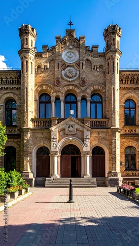 Ornate brick building with arched entryway and twin towers under blue sky