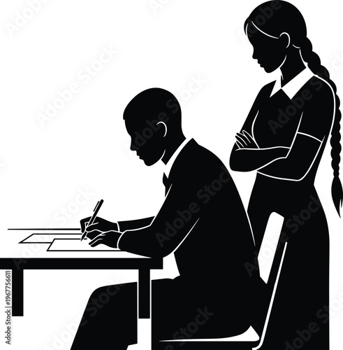 Student taking exam at desk with teacher supervising, academic testing environment, classroom discipline, education assessment concept, school learning scene, study focus and evaluation process