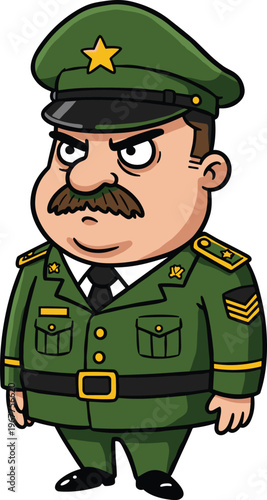 Cartoon military officer character with mustache, wearing green uniform and cap, serious expression, army sergeant in illustration style.