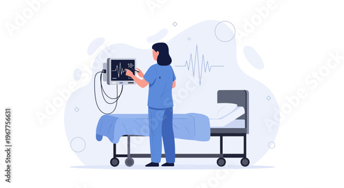 Nurse monitoring patient vital signs on EKG machine in hospital room