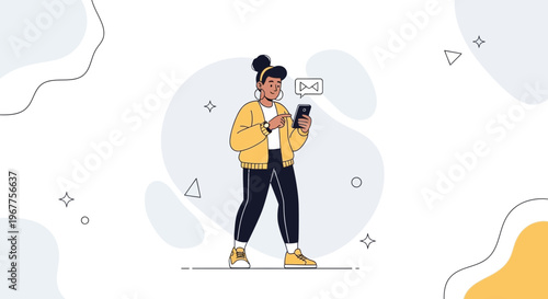 Young woman using smartphone, receiving message notification, modern flat illustration style