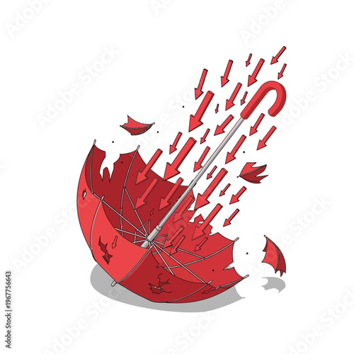 Red umbrella breaking under heavy rain and wind, illustrating the concept of facing overwhelming challenges and difficulties