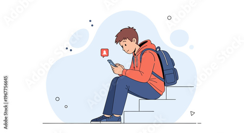 Young man with backpack using smartphone on stairs, notification icon