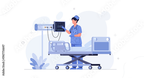 Nurse Monitoring Patient Vital Signs on Medical Bed with ECG Machine