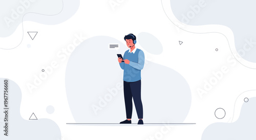 Man with headphones using smartphone, listening to music or podcast, communication concept