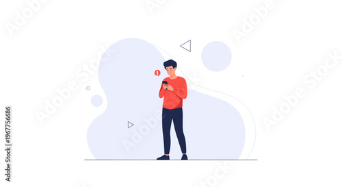 Man with smartphone receiving notification with alert symbol, flat design