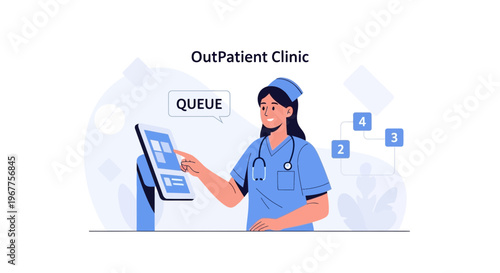 Nurse using digital kiosk for patient queue management in outpatient clinic