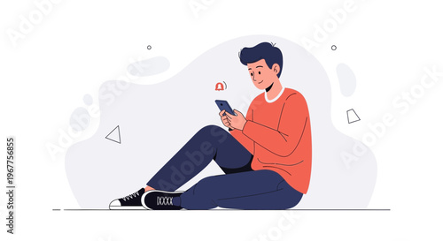 Young man sitting on floor using smartphone, notification icon above device