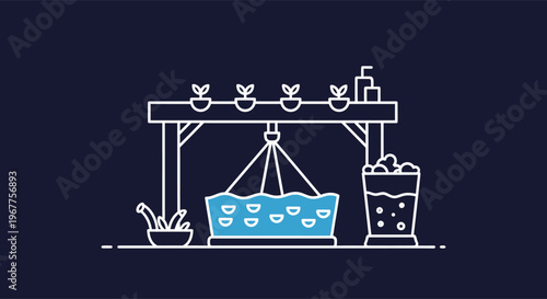 Hydroponic garden system with plants and water reservoir line icon with vertical farming with line art